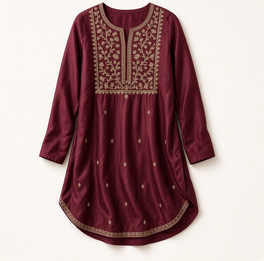 Wine Zari Embroidered Kurti